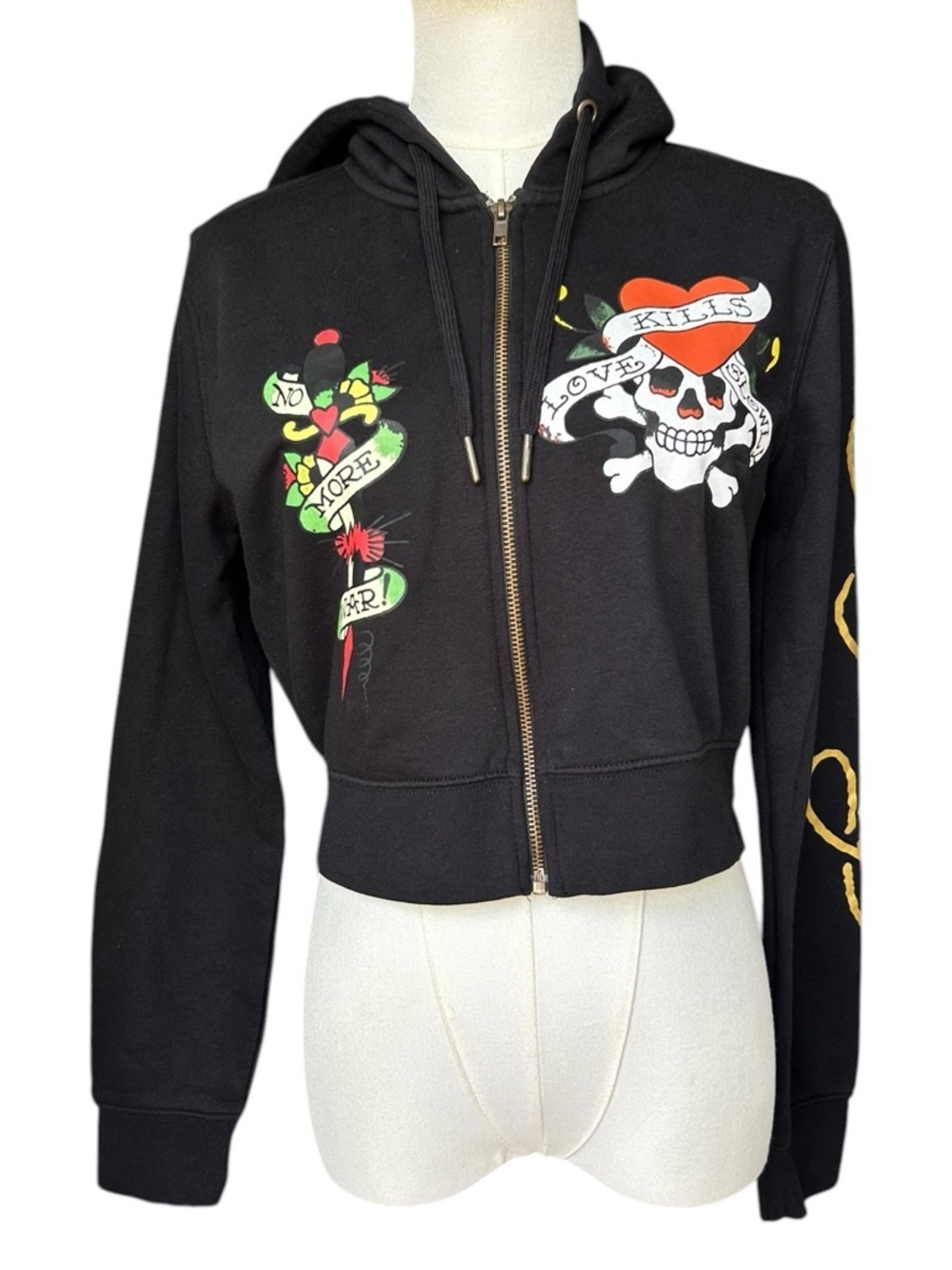 Ed Hardy Zip Hoodie Womens Large Black Love Kills Slowly Skull Graphic Crop